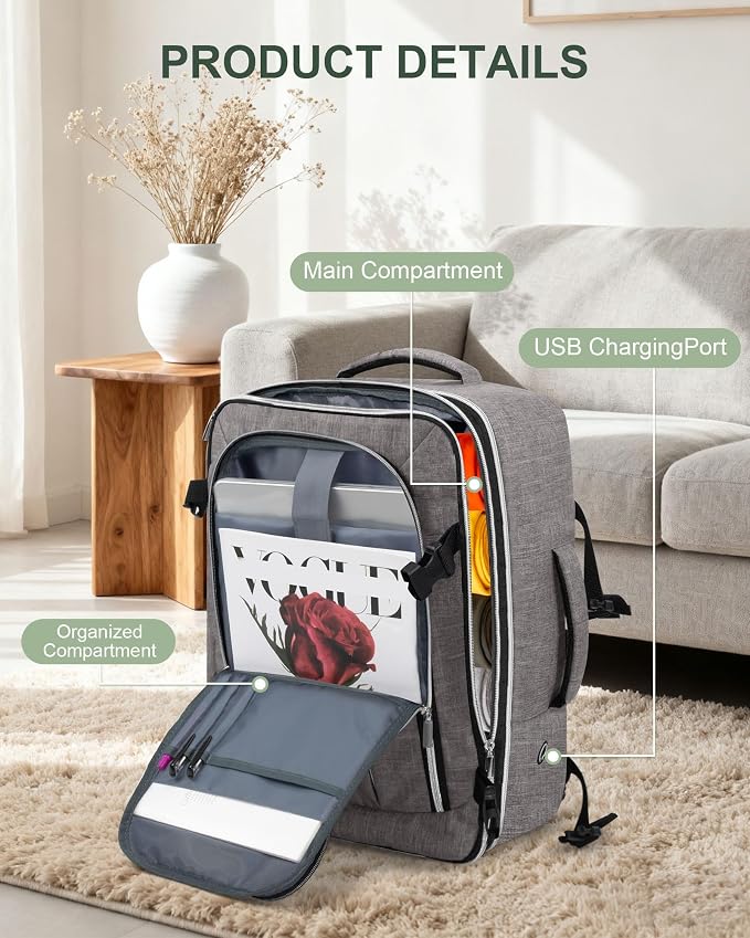 Travel Carry On 17.5" Laptop Expandable Backpack for Men Women, Personal Item Bag Waterproof Airline Approved with USB Charging Hole 3 Packing Cubes, Large Weekender Daypack Business Luggage Suitcase - Image 5