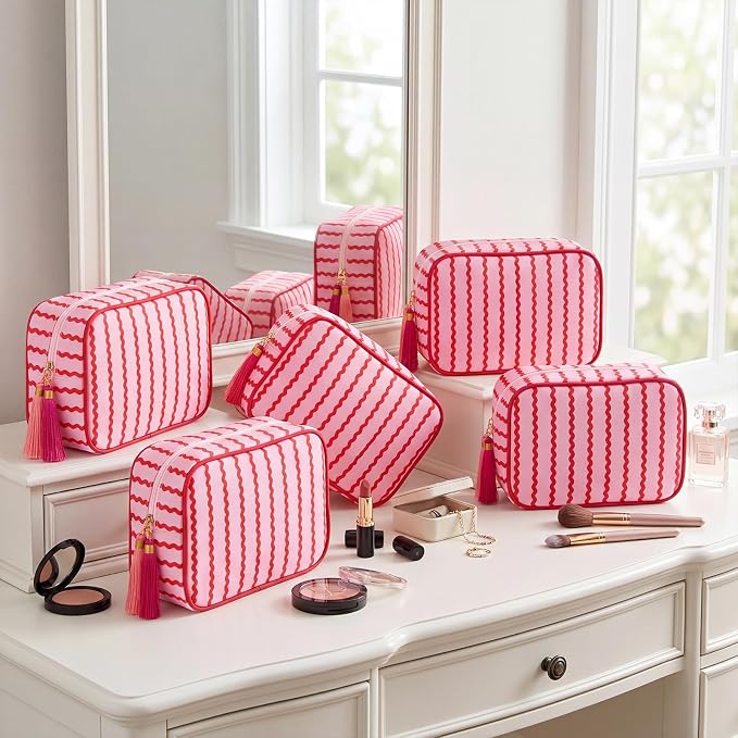 Kacctyen 6 Pack Raspberry Red and Light Pink Striped Makeup Bag bulk with Tassel Travel Cosmetic Pouch Organizer Large Zipper Toiletry Case for Women Aesthetic Storage Pouch Mahjong Tile Bag - Image 8