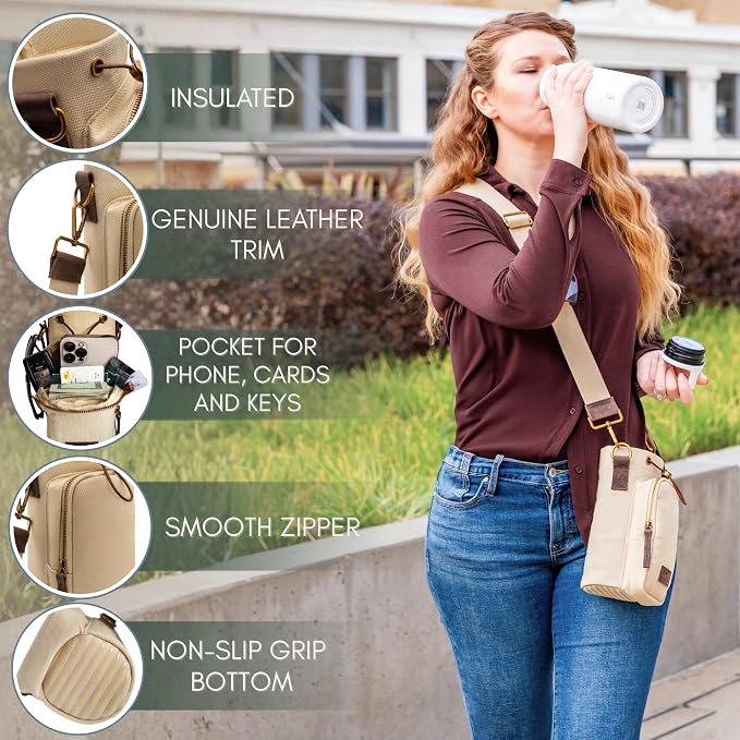 Water Bottle Holder with Strap & Pocket Fits 16 to 32 oz Bottles Crossbody Water Bottle Carrier for Women Canvas and Leather - Image 6