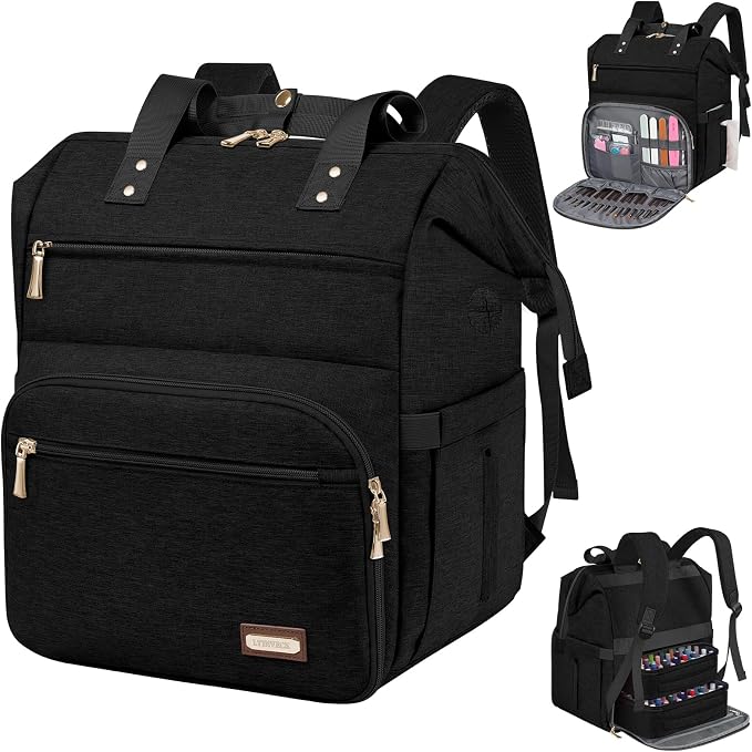 LTINVECK Nail Polish Organizer Case Backpack Holds 70 Bottles (15ml/0.5fl.oz)& Nail Lamp, 2 Layers Detachable Nail Kit Storage Case, Large Travel Nail Supplies Shoulder Bag for Manicure Tools (black) by LTINVECKBackpack