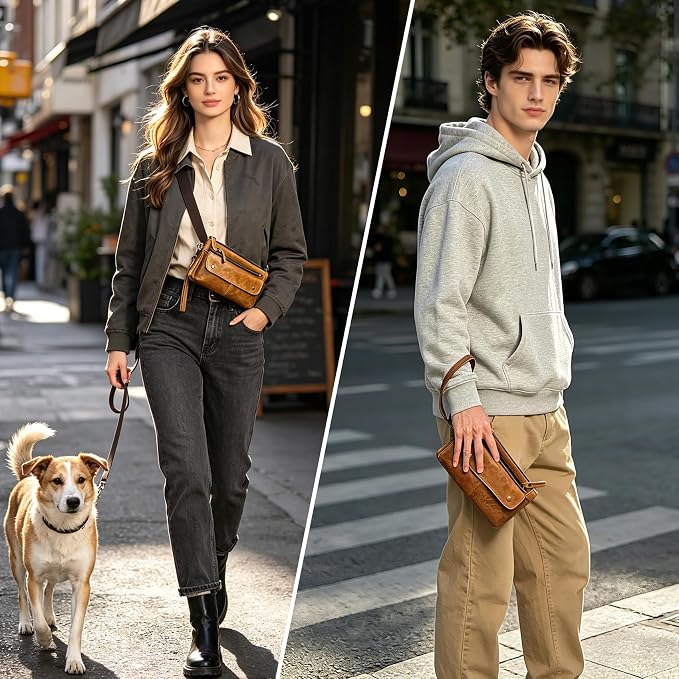 Water Resistant Canvas + Leather Hiking Riding Travel Fanny Waist Pack Small Phone Pouch For Men Women FB811-29 (100% Leather-The 8136 Brown2) - Image 2