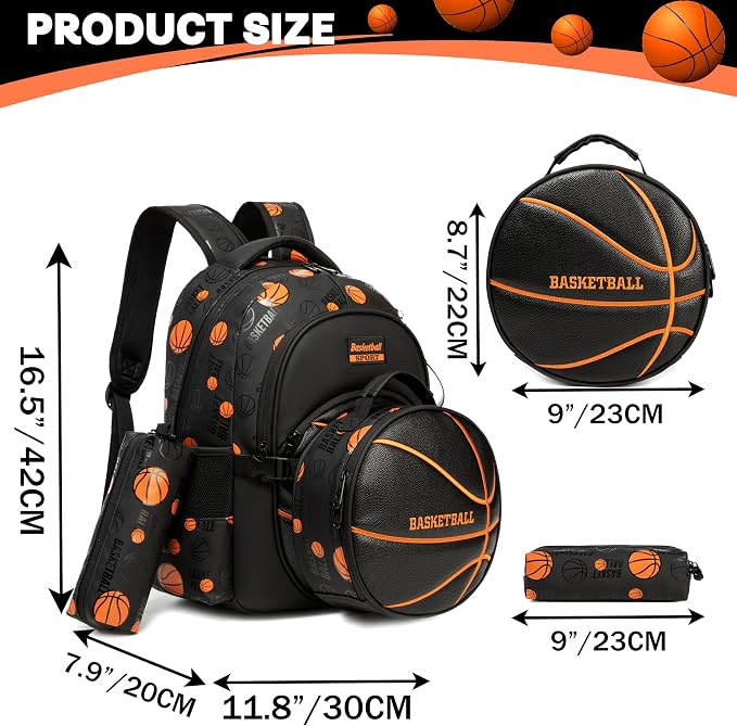 Boys' School Backpack with Lunch Box and Pencil Case - Ideal for Teens and Middle School Students, Black Basketball - Image 2