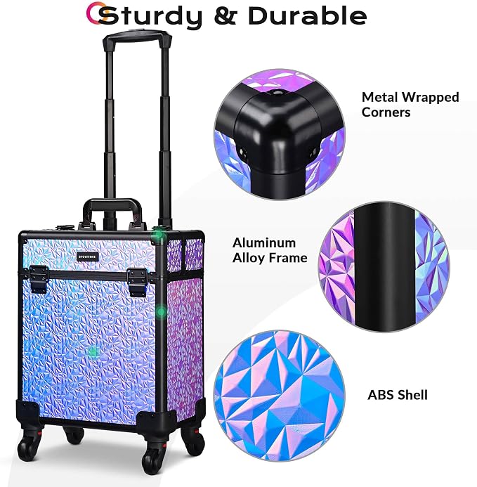 BYOOTIQUE Rolling Makeup Case Cosmetology case on wheels Makeup Artist Nail | Aluminum Rolling Makeup Suitcase with 360° Detachable Wheel Lockable 44Lb Large Capacity Organizer Nail Tech Mermaid Purple - Image 5