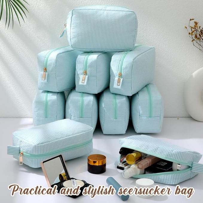 Sanwuta 10 Pcs Seersucker Cosmetic Bag Seersucker Makeup Bag Women Stripe Large Travel Toiletry Organizer Preppy Storage Pouch for Embroidery Wedding Bridesmaid Bride Mom (Mint Green) - Image 5