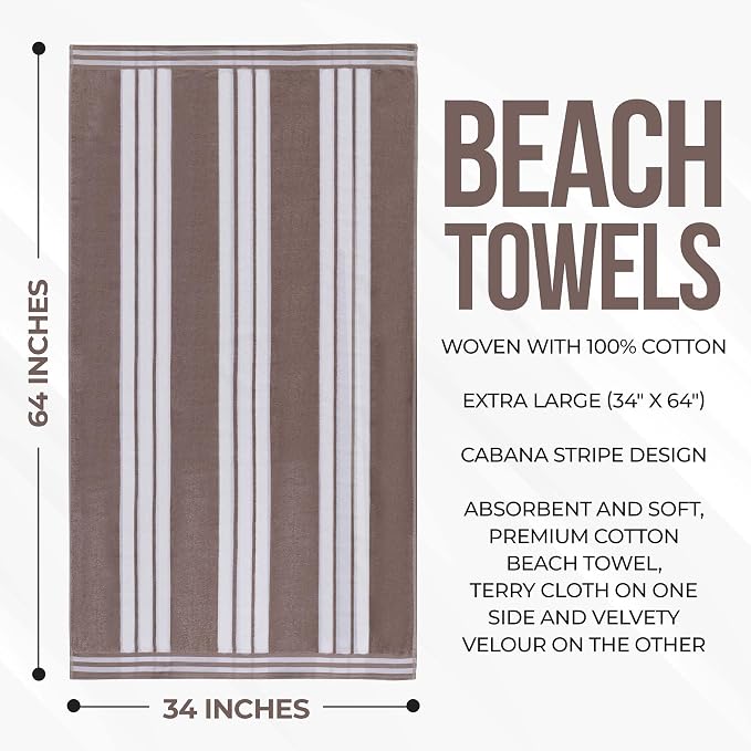 Superior Oversized Cotton Beach Towel Set of 4, Absorbent Towels for Bathroom, Beach, Pool, Swim, Adults, Kids, Vacation, Travel, Bath Sheet, Quick Dry Basics, Trip Essentials, Striped Decor, Taupe - Image 5