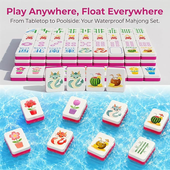 Floating Mahjong Tile Set for Pool,160 American Mahjong Tiles Waterproof EVA Foam with Dice Storage Bag for Pool Party Beach Vacation Summer Outdoor Game Set (Pink) - Image 6