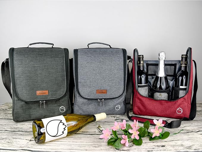 Insulated Wine 3 or 6 Bottle Carriers Tote Travel Cooler Gift Bag For Airplane Liquor With Padded Shoulder Strap - Image 7