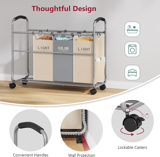Tajsoon Laundry Sorter 4 Sections with Removable Bags, Beige & Grey | Laundry Separator Hamper with Heavy Duty Lockable Rolling Wheels, Laundry Divider for Dirty Clothes Storage - Image 5