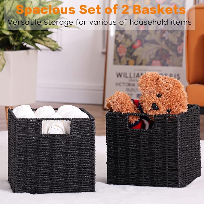 Vagusicc Storage Basket, Set of 2 Hand-Woven Storage Baskets for Organizing with Handles, Foldable Cube Storage Baskets Bins Organizer, 13 inch Large Wicker Baskets for Shelves & Decor, Black - Image 7