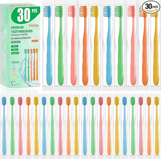 30 Pack Premium Disposable Toothbrushes Bulk – Individually Wrapped Soft Bristle Toothbrushes for Travel, Hotel Guest, Donation, Kids, Adults – Single Use, Family & Emergency Hygiene