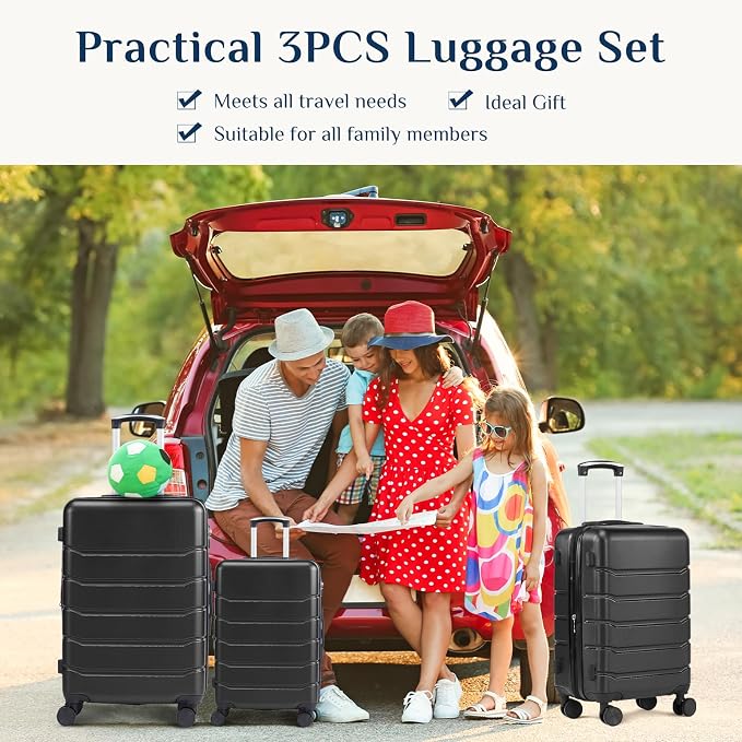 OLIXIS 3-Piece Suitcase Set, Hardside Luggages with Spinner Wheels, Lightweight ABS Hard Shell Travel Luggage, Expandable Carry-On Suitcase with TSA Approved Lock–Black, 20/24/28 Inch - Image 2