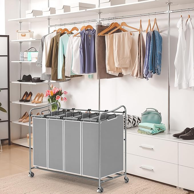 Simple Houseware 4-Bag Heavy Duty Laundry Sorter Rolling Cart, Silver | Removable Bags and Lockable Wheels for Laundry Room Organization - Image 3