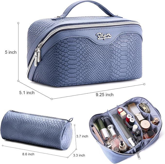BOYATU Travel Makeup Bags for Women: 3 Pcs Set Wide Open Cosmetic Bag - Portable Make up Bags with Handle - Vegan Leather Toiletry Organizer Bag with Divider (G-05-Blue) - Image 2
