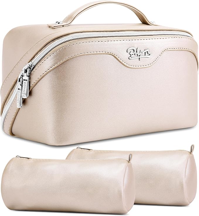 BOYATU Travel Makeup Bag Organizer Cosmetic Bag: 3 Pcs Set Make up Bags for Women with Handle - Waterproof Vegan Leather Toiletry Bags Travel Essentials Pouch with Compartments (C-03-Sliver) by BOYATU