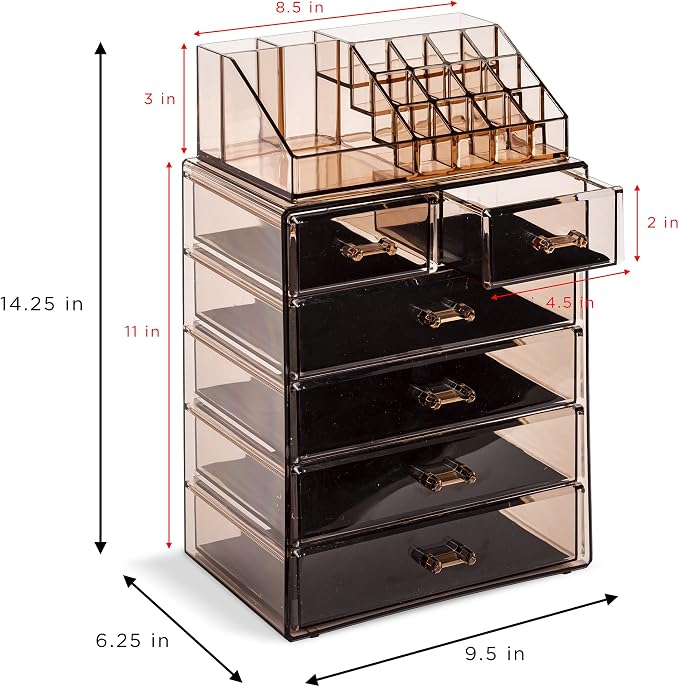 Sorbus Acrylic Makeup Organizer Set, 6-Drawer Vanity & Countertop Cosmetic Storage with Small & Wide Compartments, Bronze Glow Makeup Storage for Brushes, Jewelry – Holiday Gift for Women & Teens - Image 3