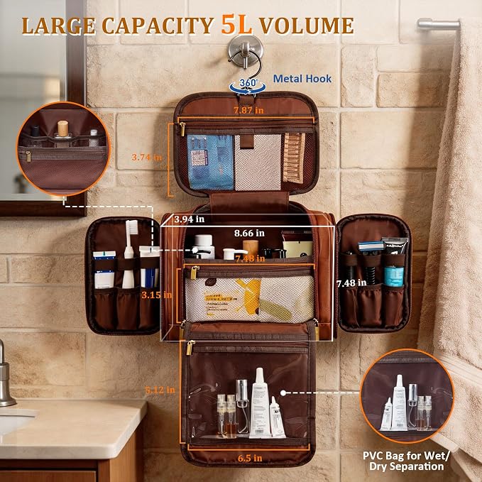 Personalized Easter Gifts for Men Large Leather Travel Toiletry Bag Hanging Shaving Dopp Kit Bathroom Shower Waterproof Case, Birthday Gifts for Father Dad Husband Boyfriend Cognac Letter Q - Image 4