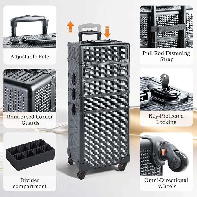 SHOWERSAFE 4 in 1 makeup train case - Professional cosmetology case on wheels, Large Transformable Makeup Train Case & Barber Case, Portable rolling makeup case & Makeup Cart, Jet Black - Image 4