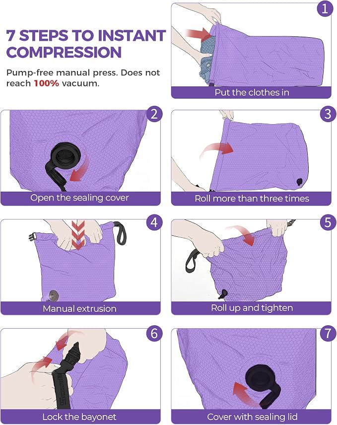 Travel Laundry Bag, Pump-free Vacuum Compression Dirty Clothes Bag, Medium Reusable Waterproof & Washable Laundry Bag, Wet and Dry Bag, Ideal for Suitcases, Laundromats (1 Pack) Purple - Image 5