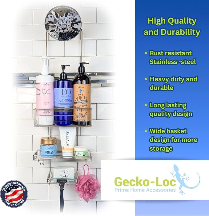 Gecko-Loc Extra Long Adjustable Length over the showerhead hanging shower caddy - bathroom caddies - for Shampoo, Soap, & Razors - Silver - Image 7