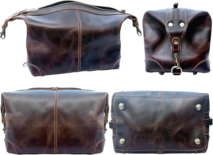 RUSTIC TOWN Full Grain Leather Toiletry Bag for Men & Women – Handcrafted Travel Dopp Kit – Large Water-Resistant Makeup & Shaving Organizer, Walnut Brown - Image 4