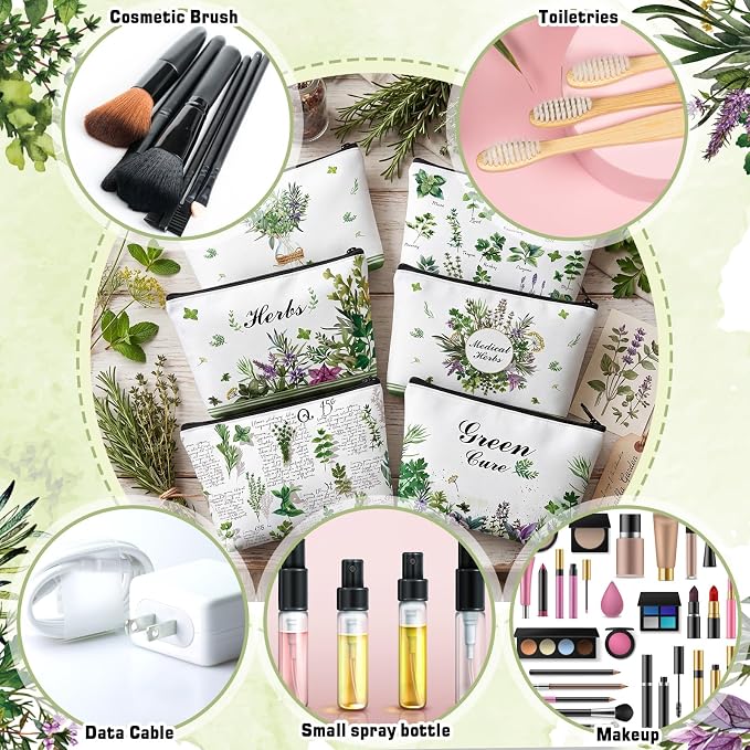 Sweetude 12 Pcs Green Plant Makeup Bag Bulk Vanilla Portable Travel Cosmetic Bags with Zipper Plant Grass Waterproof Roomy Travel Toiletry Organizer Storage Beauty Pouch for Women Plants Lover Gifts - Image 4
