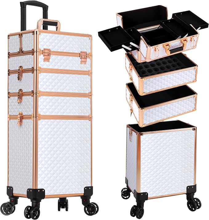 AROUS Rolling Makeup Train Case 4 in 1 Cosmetology Case on Wheels Large Storage Cosmetic Trolley with Key Salon Barber Case Traveling Cart Trunk,White by Unknown