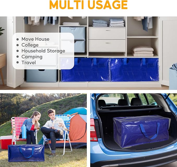 HealSmart 4 Pack Extra Large Moving Bags with Zippers & Carrying Handles, Heavy-Duty Storage Tote Moving Boxes for Dorm Room Essentials Storage Bags, Blue - Image 5