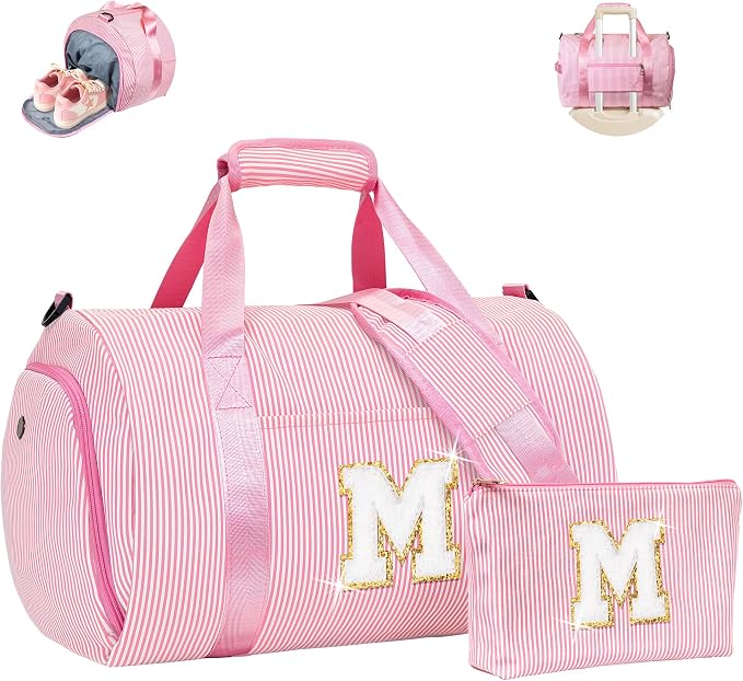 8 Year Old Girl Birthday Gift, Girls Travel Duffle Bag, Kids Initial Overnight Bags with Shoe Compartment, Weekender Bag with Makeup Pouch, Teen Girl Gifts Trendy Stuff (Letter M) by Vogewood