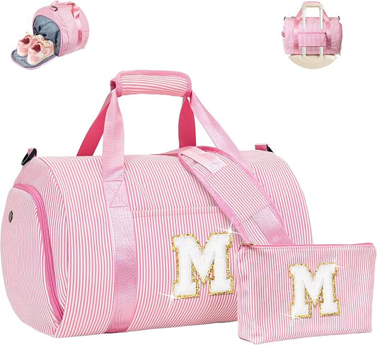 8 Year Old Girl Birthday Gift, Girls Travel Duffle Bag, Kids Initial Overnight Bags with Shoe Compartment, Weekender Bag with Makeup Pouch, Teen Girl Gifts Trendy Stuff (Letter M) by Vogewood