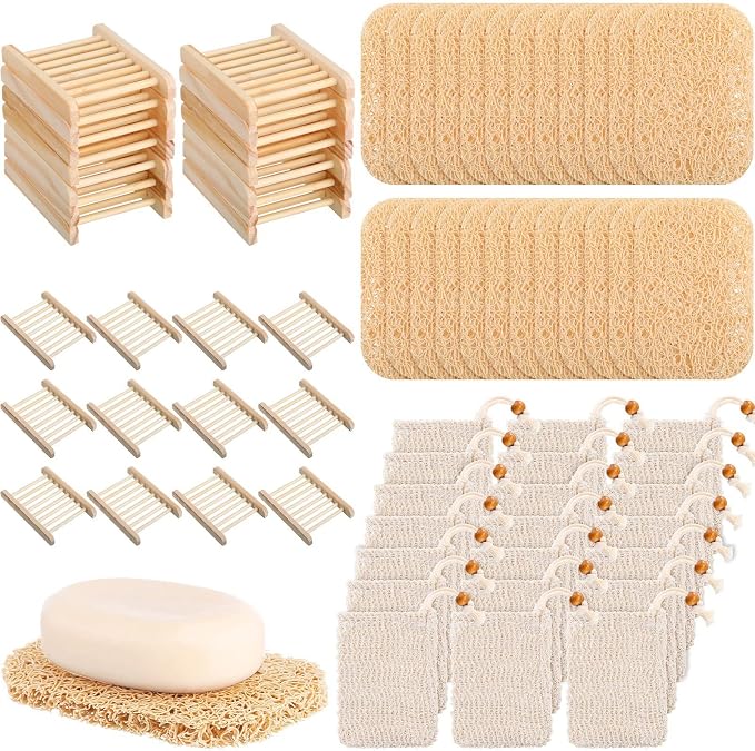 Yaomiao 72 Pcs Soap Saver Set Bulk Includes Wood Soap Dish, Saver Pads with Self Drain, Bar Holder Mesh Bag for Shower Bath Home Toilet Kitchen Hotel Restaurant(Wood Color) by Yaomiao
