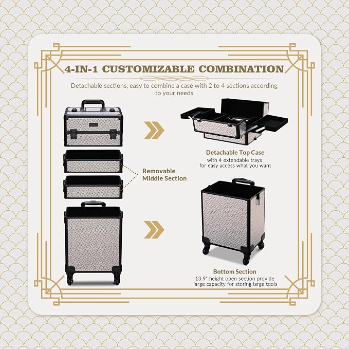 BYOOTIQUE Rolling Makeup Case 4in1 Cosmetology case on wheels Makeup Artist | Aluminum Rolling Makeup Suitcase with 360° Detachable Wheel Lockable 54Lb Large Capacity Organizer Nail Tech AD Graphite - Image 8
