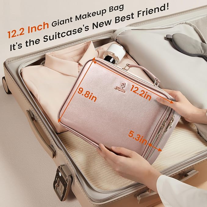 Faquenc Makeup Bag with LED Lighted Mirror 12.2 IN Cosmetic Train Case Double Layer Makeup Case Adjustable Brightness in 3 Colors Cosmetic Organizer Artist Storage with Brush Holder Vanity Smoky Pink - Image 5