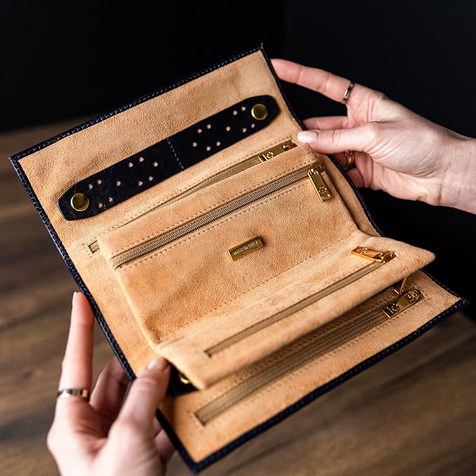 Time Resistance Leather Jewelry Roll - Full Grain Leather Travel Jewelry Case - Jewellery Organizer Made in Italy (Blue) - Image 3