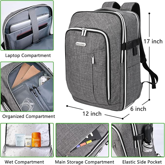 Personal Item Travel Carry On Luggage Backpack for Women Men Flight Approved Casual Weekender Laptop Bag for College Business Outdoors Hiking Water Resistant Lightweight Daypack with USB Charging Port - Image 2