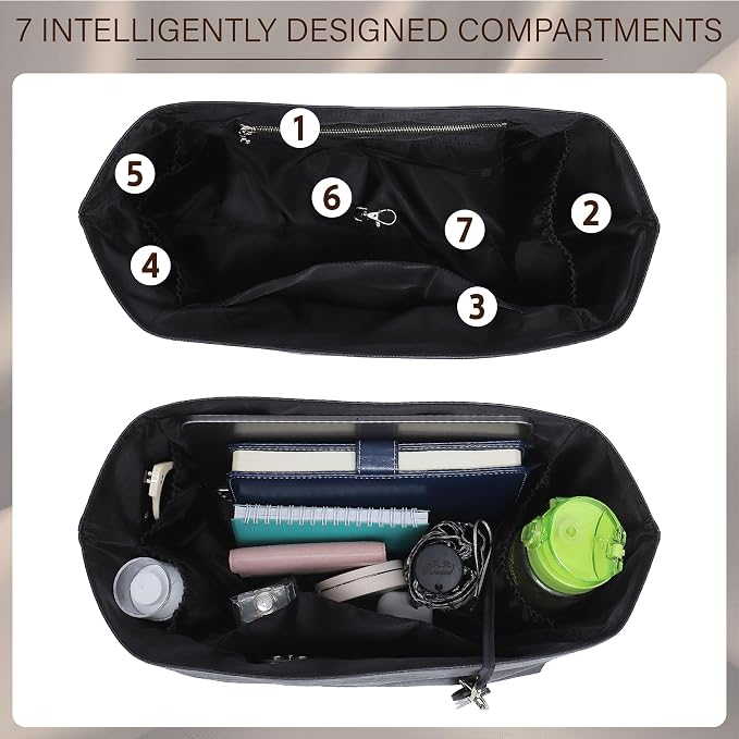 Doxo Purse Organizer Insert for Longchamp Le Pliage Medium, 6-Compartment Bag Organizer with YKK Zipper Pocket, Cup Holder, Key Chain, Waterproof DupontPaper Lightweight Handbag Shaper (Black,M) - Image 4