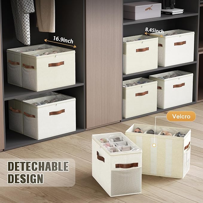 2 Pack Shoe Organizer for Closet, Foldable Shoe Storage with Adjustable | Farbic shoe storage organizer box bin with clear cover, fits up to 16 pairs, shoe storage box for closet, entryway, yellow - Image 5