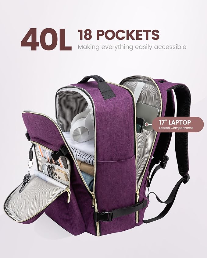 LOVEVOOK 40L Travel Backpack Flight Approved Carry on Backpack,3 Packing Cubes,Waterproof Personal Item Travel Bag,TSA Carry on Luggage Suitcase Travel Essentials,Gifts for Women & Men,fits 17" Laptop - Image 3