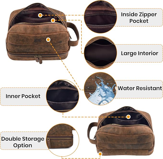 LEATHER VILLAGE Genuine Leather Dopp Kit - Travel Bag with Waterproof Lining, Large Capacity Toiletry Bag, Dual-Zip Design for Men & Women, Shaving & Bathroom Essentials Organizer-Rustic Brown - Image 3