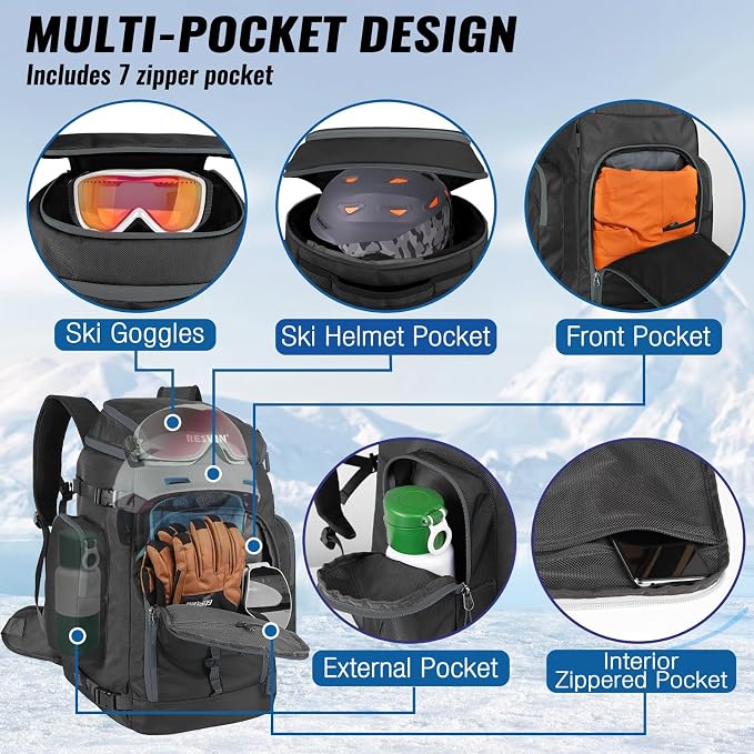 Ski Boot Bag, 65L Durable Travel Backpack, 1680D Nylon Waterproof Snowboard Boot Bag, Skiing and Snowboarding Travel Luggage for Helmet, Goggles, Gloves, Outerwear & Accessories - Image 3