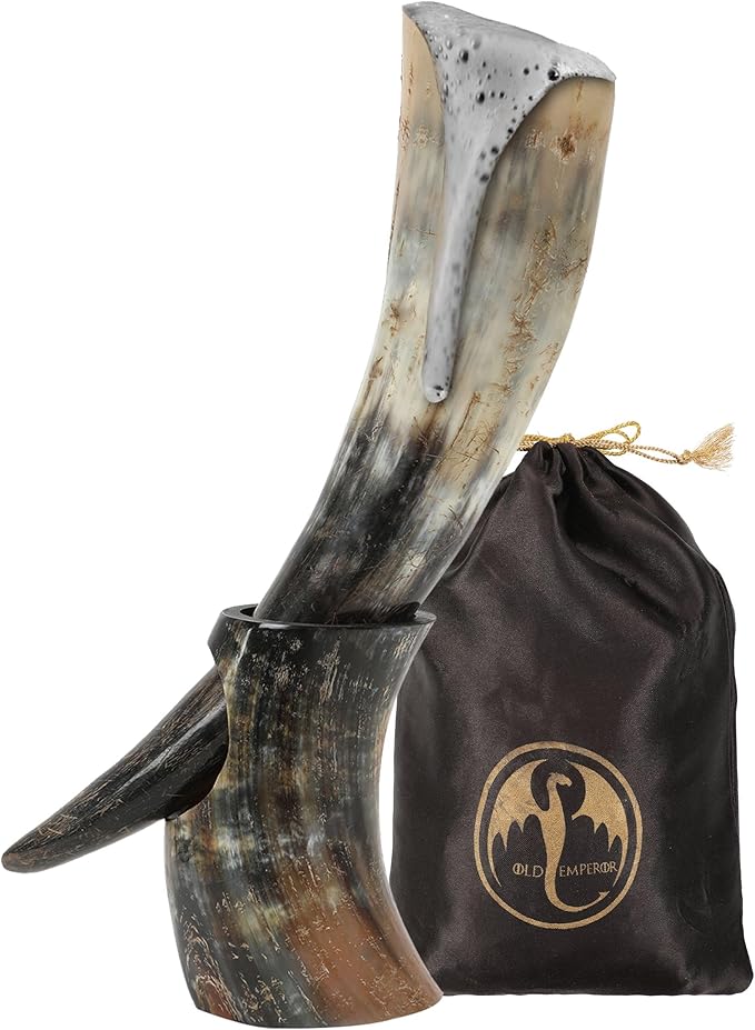 OLDEMPEROR Viking Drinking Horn - 12 Inch with Horn | Handmade Beer Cup | Food Grade | Unique Genuine Ox with Iron Stand | Natural Shine Finish | Chirstmas Viking Gift for Men & Women