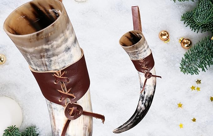 OLDEMPEROR Viking Drinking Horn - 12 Inch with Leather Holster | Handmade Beer Cup | Food Grade | Genuine Ox Horn | Natural Shine Finish | LARP | Viking Chirstmas Gifts for Men & Women