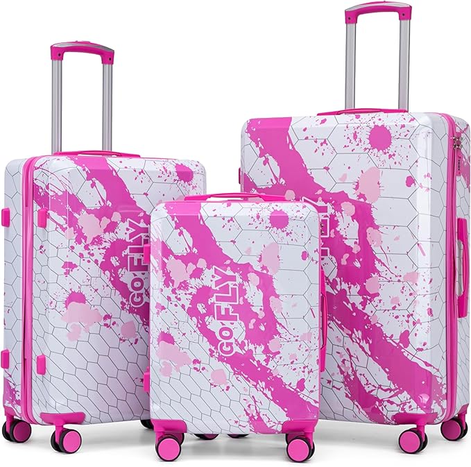 Hardside Luggage Sets, Lightweight Stripes Suitcase with Spinner Wheels, Pink-PC by Merax