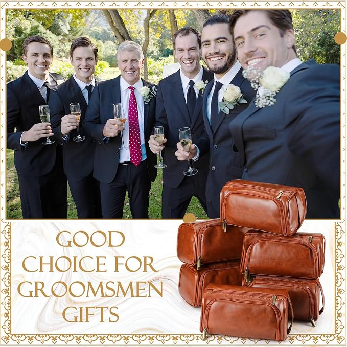 Aliceset 6 Pcs Groomsmen Gift Groomsmen Toiletry Bags Set of 6 Leather Toiletry Bag for Men with Hook Leather Wedding Proposal Bag with Side Handle Father Gift(Brown) - Image 5