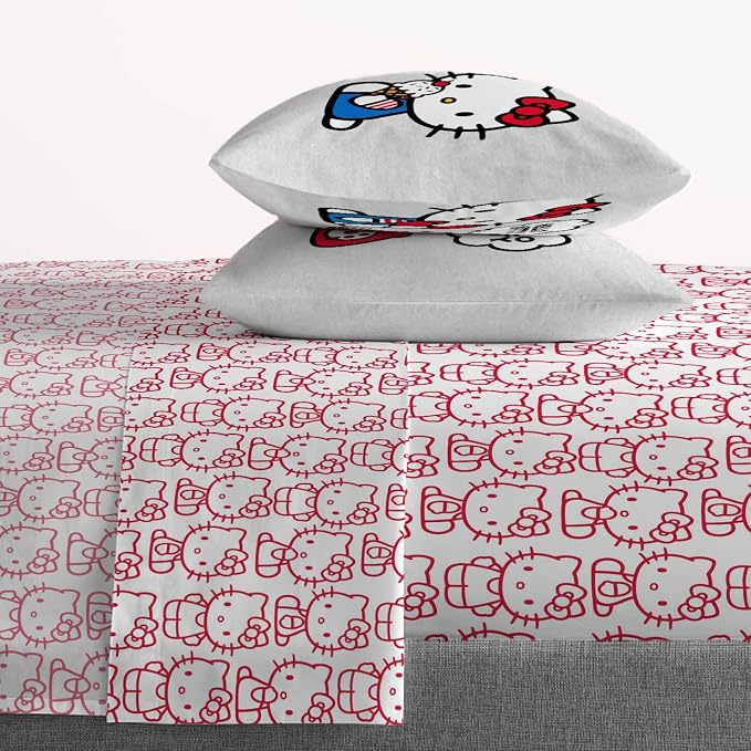 Jay Franco Sheet Set with Fitted, Flat Sheets & Pillow Cover - Ultra-Soft Bedding with Pillowcase for Room Decor, Red - Hello Kitty, 4 Piece Queen - Image 6