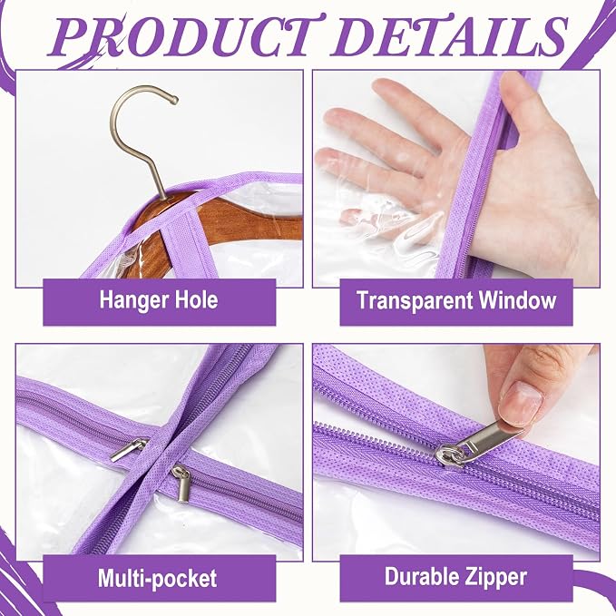 FoldTier 8 Pcs Dance Costume Garment Bag for Dancers 40 Inch Purple Edge Clear PVC Waterproof Garment Bag with 3 Zipper Pockets for Dancers Competitions Hanging Clothes - Image 3