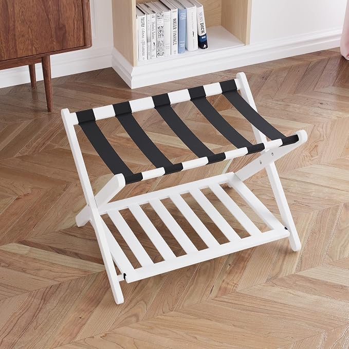 Smuxee Fully Assembled White Luggage Rack, Upgraded Bamboo Foldable Suitcase Stand with 5 Nylon Straps, Luggage Holder with Shelf for Guest Room Bedroom Hotel (White Luggage Rack 1pcs) - Image 8