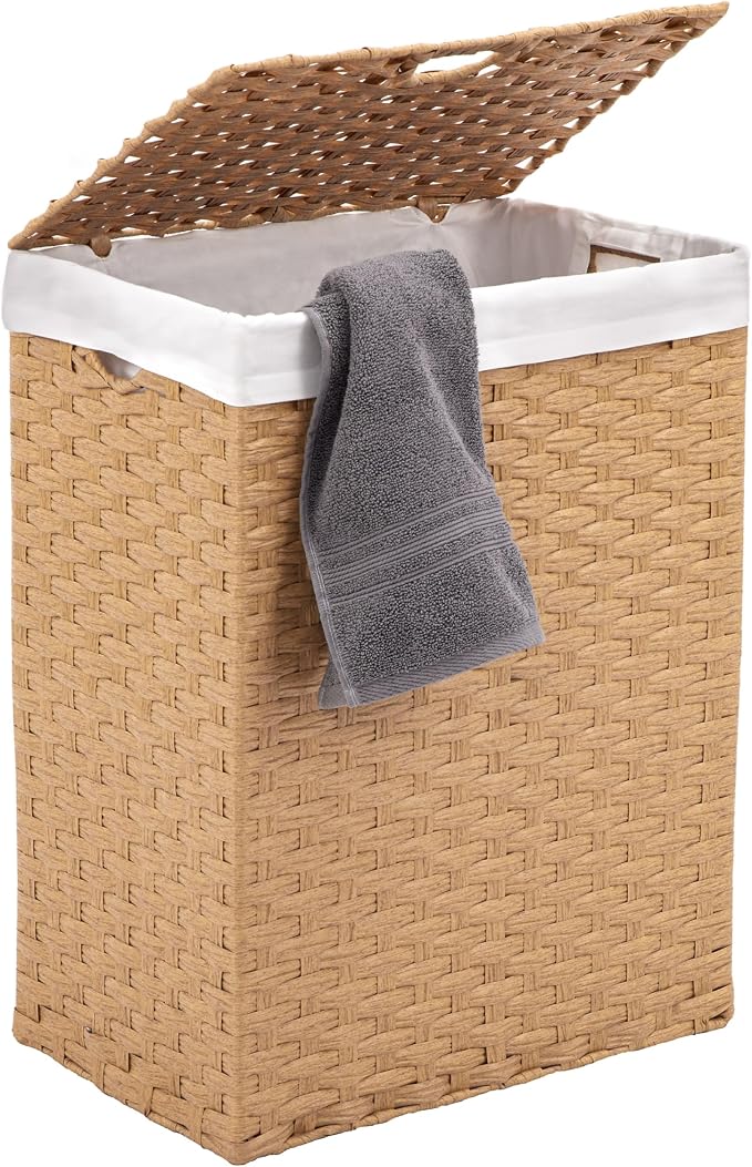 Seville Classics Premium Handwoven Portable Laundry Bin Basket with Carrying Handles, Household Storage for Clothes, Linens, Sheets, Tan, Rectangular Hamper - Image 3