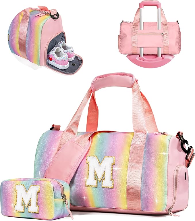 Gifts for 3 4 5 6 7 8 9 10 Year Old Girls-Girl Gym Bag with Shoe Compartment, Kid Personalized Weekender Dance Bags, Initial Travel Tote with Makeup Pouch, Gift Ideas for Kids (Letter M) by Vogewood