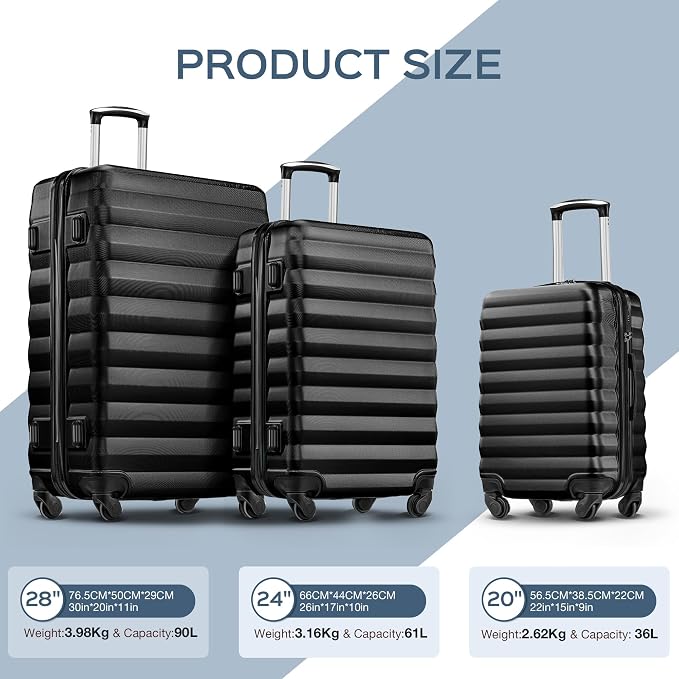 Suitour Luggage Sets 3 Piece Carry On Luggage with Spinner Wheels ABS Hard Case Travel Suitcase Set(20/24/28 inch) 6 PC Packing Bags & Drawstring Backpack - Image 7