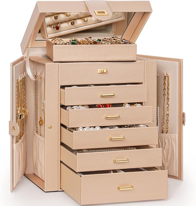 AKOZLIN 6-Tier Jewelry Box Organizer Functional 5 Drawers Leather Jewelry Storage Case for Women Girls Ring Necklace Earring Bracelet Holder Organizer with Mirror Medium Champagne - Image 8